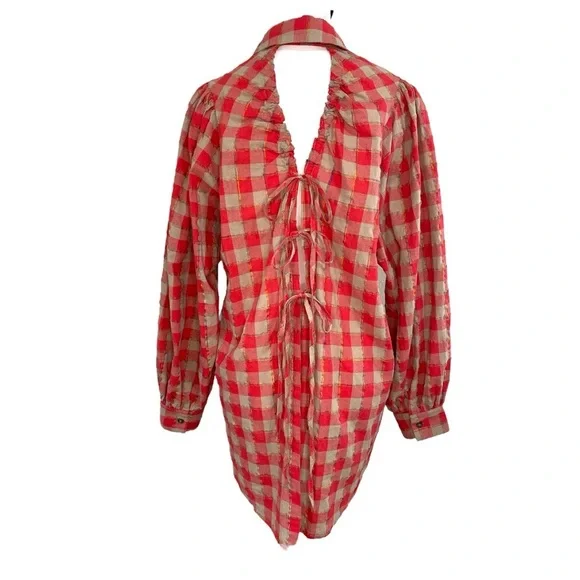 Fate Open Tie Back Top Red/Light Brown‎ Plaid Long Sleeve Size M - Picture 3 of 13